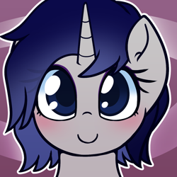 Size: 1000x1000 | Tagged: safe, artist:puetsua, imported from derpibooru, oc, oc:moonlit silver, pony, unicorn, blue eyes, blushing, female, gray coat, horn, looking at you, simple background, smiling, smiling at you, solo, unicorn oc