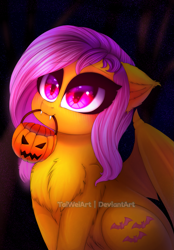 Size: 1393x2000 | Tagged: safe, artist:taiweiart, imported from derpibooru, fluttershy, bat pony, pony, bat ponified, cute, fangs, female, flutterbat, mare, mouth hold, pumpkin bucket, race swap, shyabetes, solo