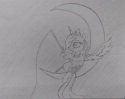 Size: 3715x2962 | Tagged: safe, artist:mjangelvortex, imported from derpibooru, princess luna, alicorn, pony, april fools, april fools 2023, crescent moon, dreamworks, female, fishing, fishing rod, logo parody, mare, moon, parody, pencil drawing, s1 luna, simple background, sketch, solo, traditional art