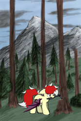 Size: 2010x3013 | Tagged: safe, artist:aaathebap, imported from derpibooru, oc, oc only, oc:aaaaaaaaaaa, bat pony, pony, axe, bush, colored sketch, fluffy, forest, mountain, mouth hold, scenery, sketch, solo, tree, weapon