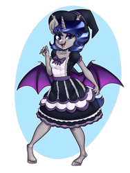 Size: 774x1032 | Tagged: safe, artist:annakitsun3, imported from derpibooru, oc, oc:moonlit silver, anthro, hybrid, bat wings, blue eyes, clothes, eyeshadow, fangs, gray coat, happy, hat, hooves, hybrid oc, maid, makeup, pose, simple background, wings, witch, witch hat
