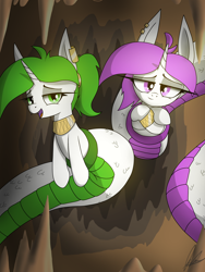 Size: 3000x4000 | Tagged: safe, artist:flaremoon, imported from derpibooru, oc, oc:rosmarin, oc:thymian, lamia, original species, snake, snake pony, cave, ear piercing, earring, female, jewelry, looking at you, looking back, looking back at you, makeup, piercing, seductive look, siblings, sisters