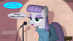 Size: 1280x720 | Tagged: safe, edit, edited screencap, imported from derpibooru, screencap, maud pie, pony, the maud couple, dialogue, implied oc, maud pie is not amused, maud the comedian, microphone, offscreen character, pickup lines, shipping denied, speech bubble, spotlight, unamused