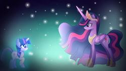 Size: 1280x720 | Tagged: safe, artist:diniarvegafinahar, imported from derpibooru, twilight sparkle, alicorn, pony, unicorn, the last problem, crown, crying, duality, duo, duo female, ethereal mane, female, jewelry, looking at each other, looking at someone, mare, older, older twilight, princess twilight 2.0, raised hoof, regalia, self paradox, self ponidox, smiling, stars, time paradox, twilight sparkle (alicorn), unicorn twilight