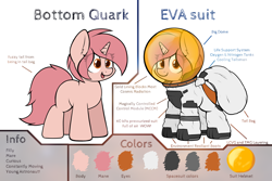 Size: 3000x2000 | Tagged: safe, artist:aaathebap, imported from derpibooru, oc, oc:bottom quark, pony, unicorn, astronaut, female, filly, foal, reference sheet, solo, spacesuit