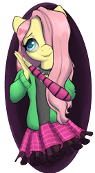 Size: 1240x2248 | Tagged: safe, artist:dumbwoofer, imported from derpibooru, fluttershy, anthro, choker, clothes, cute, draw this in your style, dtiys emoflat, evening gloves, fingerless elbow gloves, fingerless gloves, gloves, hair over one eye, hoodie, long gloves, shyabetes, simple background, skirt, solo, spiked choker, striped gloves, sweater, transparent background