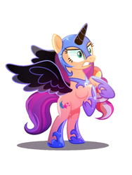 Size: 768x1024 | Tagged: safe, artist:diniarvegafinahar, imported from derpibooru, nightmare moon, sunny starscout, earth pony, pony, angry, base used, cosplay, costume, fake horn, fake wings, female, g4, g5, g5 to g4, generation leap, helmet, mare, nightmare moon armor, nightmare night costume, nightmare sunny, rearing, simple background, solo, teeth, white background