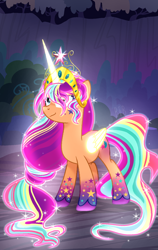 Size: 1016x1604 | Tagged: safe, artist:diniarvegafinahar, imported from derpibooru, sunny starscout, alicorn, earth pony, pony, artificial horn, artificial wings, augmented, big crown thingy, crown, element of magic, female, g5, glowing, glowing horn, glowing wings, horn, jewelry, long mane, long tail, magic, magic horn, magic wings, mare, race swap, rainbow power, rainbow power-ified, regalia, solo, sunnycorn, tail, wings