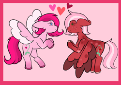 Size: 2400x1700 | Tagged: safe, artist:whimsicalseraph, imported from derpibooru, oc, oc only, oc:raspberry sorbet, oc:strawberry syrup, pegasus, pony, colored wings, duo, duo female, female, floppy ears, heart, heart eyes, incest, lesbian, pegasus oc, simple background, twincest, twins, unshorn fetlocks, wingding eyes, wings