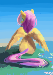 Size: 1748x2480 | Tagged: safe, artist:tcniu, imported from derpibooru, fluttershy, pegasus, pony, aside glance, butt, female, looking at you, looking back, looking back at you, mare, solo