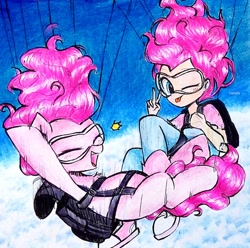 Size: 2082x2068 | Tagged: safe, artist:liaaqila, imported from derpibooru, pinkie pie, earth pony, human, pony, commission, duality, goggles, humanized, parachute, self paradox, self ponidox, skydiving, traditional art