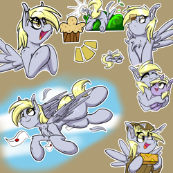 Size: 2000x2000 | Tagged: safe, artist:aryn, imported from derpibooru, derpy hooves, dinky hooves, pegasus, pony, crash, flying, food, hat, hug, letter, mailmare, mailmare hat, mailmare uniform, muffin, package, simple background, sleeping