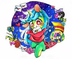 Size: 1976x1636 | Tagged: safe, artist:tcniu, imported from derpibooru, bon bon, lyra heartstrings, sweetie drops, earth pony, pony, unicorn, candy, female, flower, food, heart, letter, mare, mouth hold, solo focus