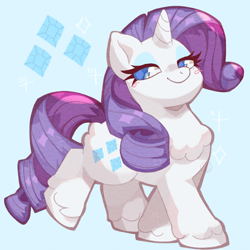 Size: 2000x2000 | Tagged: safe, artist:lumiville, imported from derpibooru, rarity, pony, unicorn, blue background, chest fluff, cute, diamonds, eyeshadow, female, high res, looking at you, makeup, mare, raised leg, raribetes, simple background, smiling, smiling at you, solo