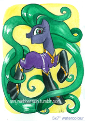 Size: 500x712 | Tagged: safe, artist:amymebberson, imported from derpibooru, mane-iac, earth pony, pony, bodysuit, clothes, eyelashes, female, looking at you, mare, solo, traditional art