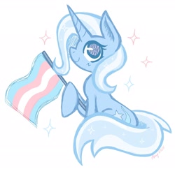 Size: 2048x1986 | Tagged: safe, artist:ammersarts, imported from derpibooru, trixie, pony, unicorn, ears up, horn, pride, pride flag, simple background, sitting, smiling, solo, stars, transgender pride flag