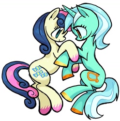 Size: 1280x1292 | Tagged: safe, artist:cbts004, imported from derpibooru, bon bon, lyra heartstrings, sweetie drops, earth pony, pony, unicorn, duo, female, lesbian, lyrabon, shipping, simple background, white background