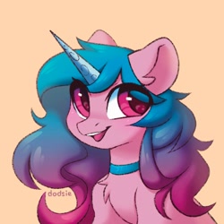 Size: 1000x1000 | Tagged: safe, artist:dodsie, imported from derpibooru, izzy moonbow, pony, unicorn, female, g5, hair, horn, mane, mare, open mouth, open smile, pink eyes, simple background, smiling, solo