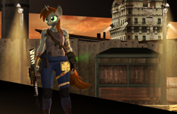 Size: 3286x2115 | Tagged: safe, artist:dark-fic, imported from derpibooru, oc, oc:littlepip, anthro, unicorn, fallout equestria, 3d, bandage, clothes, dirty, ear fluff, female, fluffy, gun, jumpsuit, rifle, solo, source filmmaker, standing, tanktop, tower, vault suit, weapon