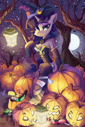 Size: 2765x4091 | Tagged: safe, artist:saxopi, imported from derpibooru, oc, oc only, oc:moonlit silver, semi-anthro, unicorn, bare tree, candy, candy cane, clothes, eyeshadow, food, halloween, hat, holiday, horn, jack-o-lantern, lantern, makeup, moon, night, nightmare night, pumpkin, solo, stars, tree, unicorn oc, witch, witch hat