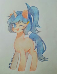 Size: 1101x1417 | Tagged: safe, artist:tcniu, imported from derpibooru, oc, pony, unicorn, female, mare, one eye closed, solo, wink