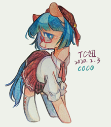 Size: 1121x1280 | Tagged: safe, artist:tcniu, imported from derpibooru, coco pommel, earth pony, pony, aside glance, blushing, clothes, female, glasses, hat, looking at you, mare, shirt, skirt, smiling, socks, solo