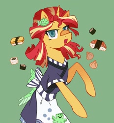 Size: 1902x2048 | Tagged: safe, artist:cerealcowboy1, imported from derpibooru, sunset shimmer, pony, unicorn, female, food, green background, horn, mare, musubi, nikuman, onigiri, open mouth, open smile, simple background, smiling, solo, sushi