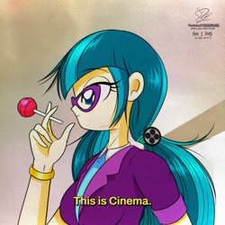 Size: 1920x1920 | Tagged: safe, artist:theratedrshimmer, imported from derpibooru, juniper montage, human, equestria girls, candy, chromatic aberration, female, food, lollipop, meme, ponified meme, solo, this is cinema