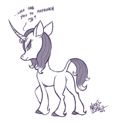 Size: 702x712 | Tagged: safe, artist:nekostar, imported from derpibooru, classical unicorn, unicorn, them's fightin' herds, 2023, butt, cloven hooves, community related, dialogue, female, leonine tail, monochrome, offscreen character, oleander (tfh), oleanderriere, plot, rear view, signature, solo, tail, talking to viewer, unshorn fetlocks