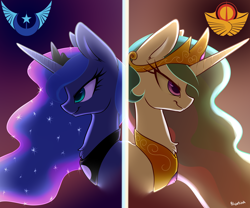 Size: 2500x2083 | Tagged: safe, artist:acersiii, derpibooru exclusive, imported from derpibooru, princess celestia, princess luna, alicorn, pony, april fools 2023, bust, crown, duo, duo female, ethereal mane, female, high res, jewelry, new lunar republic, regalia, rivalry, royal sisters, sibling rivalry, siblings, simple background, sisters, smiling, smug, solar empire, starry mane, watermark