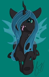 Size: 2397x3772 | Tagged: safe, artist:gleamydreams, imported from derpibooru, queen chrysalis, changeling, changeling queen, ears, green background, horn, looking at you, lying down, simple background, solo, wings