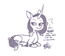 Size: 775x665 | Tagged: safe, artist:nekostar, imported from derpibooru, classical unicorn, unicorn, them's fightin' herds, 2023, blushing, cloven hooves, community related, dialogue, female, leonine tail, looking back, lying down, monochrome, oleander (tfh), oleandere, prone, signature, tail, tsundere, unshorn fetlocks