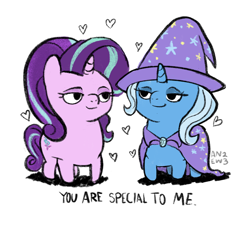 Size: 1344x1243 | Tagged: safe, artist:amynewblue, imported from derpibooru, starlight glimmer, trixie, pony, unicorn, female, heart, lesbian, looking at each other, looking at someone, shipping, simple background, smiling, smiling at each other, startrix, white background