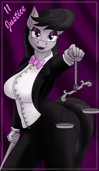 Size: 1100x1900 | Tagged: safe, alternate version, artist:sixes&sevens, imported from derpibooru, octavia melody, anthro, bowtie, breasts, busty octavia melody, clothes, curtains, ear piercing, earring, female, jewelry, justice, lipstick, looking at you, major arcana, multiple variants, piercing, scales, solo, suit, sword, tarot card, weapon