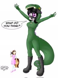 Size: 1527x2048 | Tagged: safe, artist:bridgettewolf, imported from derpibooru, oc, oc:elinvar, oc:inkenel, oc:oretha, anthro, boots, breasts, clothes, costume, female, giantess, macro, micro, shoes, shrunken, size difference