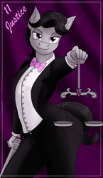 Size: 1100x1900 | Tagged: safe, alternate version, artist:sixes&sevens, imported from derpibooru, octavia melody, anthro, bowtie, clothes, curtains, justice, looking at you, major arcana, male, multiple variants, octavius, rule 63, scales, solo, suit, sword, tarot card, weapon