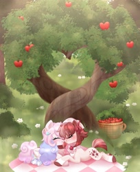 Size: 1670x2048 | Tagged: safe, artist:moonydropps, imported from derpibooru, oc, oc only, earth pony, pony, apple, apple tree, blushing, clothes, crepuscular rays, duo, flower, food, intertwined trees, kissing, picnic blanket, smiling, socks, tree