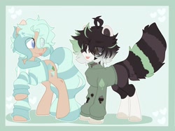 Size: 2048x1532 | Tagged: safe, artist:moonydropps, imported from derpibooru, oc, oc only, earth pony, pony, :p, clothes, duo, hoodie, mane, sweater, tail, tongue out