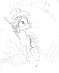 Size: 1020x1262 | Tagged: safe, artist:styroponyworks, imported from derpibooru, oc, oc only, oc:golden star, pony, cave, clothes, crystal, hard hat, hat, pickaxe, sketch, solo, stalactite