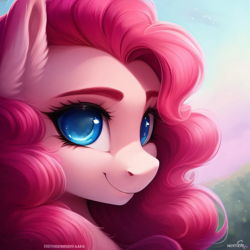 Size: 2048x2048 | Tagged: safe, editor:be.yovrsxlf_, imported from derpibooru, pinkie pie, earth pony, pony, ai assisted, ai content, bust, ear fluff, eyebrows, female, fluffy hair, garden, generator:purplesmart.ai, generator:stable diffusion, looking at you, mare, morning, portrait, smiling, smiling at you, solo, text