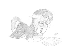 Size: 1256x942 | Tagged: safe, artist:styroponyworks, imported from derpibooru, sunburst, pony, book, sketch, solo, tired