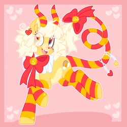 Size: 2048x2048 | Tagged: safe, artist:moonydropps, imported from derpibooru, oc, oc only, pony, bow, clothes, horns, open mouth, open smile, smiling, socks, solo, tail