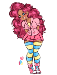 Size: 2623x3410 | Tagged: safe, artist:diameltzowo, imported from derpibooru, pinkie pie, human, blushing, boots, clothes, cute, dark skin, diapinkes, ear piercing, earring, female, hoodie, humanized, jewelry, moderate dark skin, open mouth, piercing, reference sheet, shoes, simple background, skirt, socks, solo, stockings, striped socks, thigh highs, white background