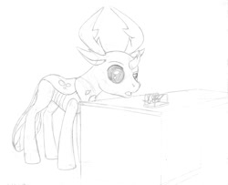 Size: 1237x1002 | Tagged: safe, artist:styroponyworks, imported from derpibooru, thorax, changedling, changeling, desk, king thorax, newton's cradle, sketch, solo