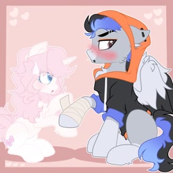 Size: 2048x2048 | Tagged: safe, artist:moonydropps, imported from derpibooru, oc, oc only, pegasus, pony, unicorn, blushing, bow, clothes, duo, female, hoodie, horn, male, mare, open mouth, socks, stallion, wings