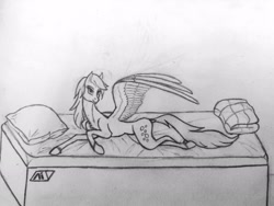 Size: 2304x1728 | Tagged: safe, artist:pegasus_fs, imported from derpibooru, derpy hooves, pegasus, pony, andromeda initiative, bed, blanket, chest fluff, emblem, female, lineart, looking at you, lying down, mare, mass effect, pillow, simple background, slim, solo, spread wings, sternocleidomastoid, thin, traditional art, wings