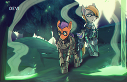 Size: 3376x2205 | Tagged: safe, artist:devi_shade, imported from derpibooru, oc, oc only, oc:ember eclipse, oc:glorious morning, alicorn, bat pony, pony, fallout equestria, alicorn oc, armor, armored pony, bat pony oc, fallout, forest, glasses, horn, male, radiation, wasteland, wings