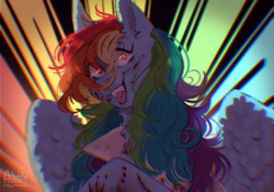 Size: 5000x3500 | Tagged: safe, artist:artem66633, imported from derpibooru, rainbow dash, pegasus, pony, fanfic:rainbow factory, absurd resolution, blood, fanfic art, female, glowing, glowing eyes, mare, open mouth, open smile, sinister smile, smiling, solo, sunburst background