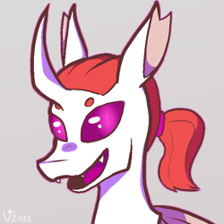 Size: 640x640 | Tagged: safe, artist:veesheep, imported from derpibooru, oc, oc:scorching heat, changeling, changeling oc, commission, fangs, gray background, no pupils, ponytail, purple eyes, red mane, simple background, smiling, white changeling