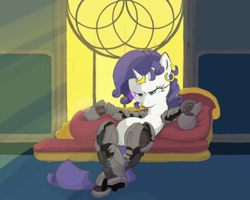 Size: 2000x1600 | Tagged: safe, artist:moronsonofboron, edit, imported from derpibooru, rarity, cyborg, pony, alternate hairstyle, amputee, deus ex, deus ex: human revolution, fainting couch, hologram, horn, horn ring, i never asked for this, prosthetics, ring, solo